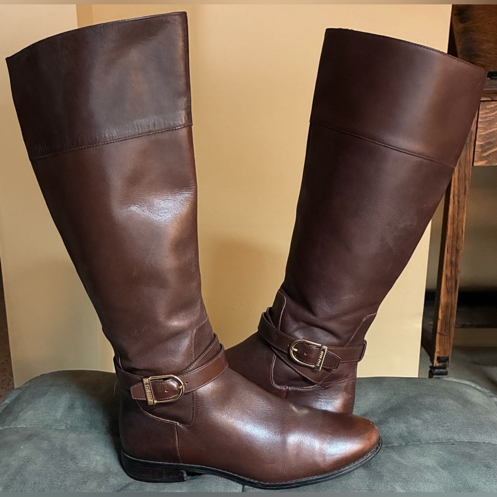Cole Haan Catskills Riding Boots Brown Leather Knee High Buckle Strap Size 7.5B
